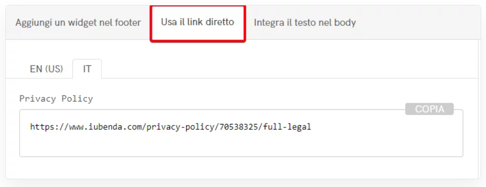 iubenda link diretto