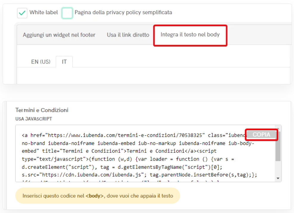 iubenda integra testo nel body